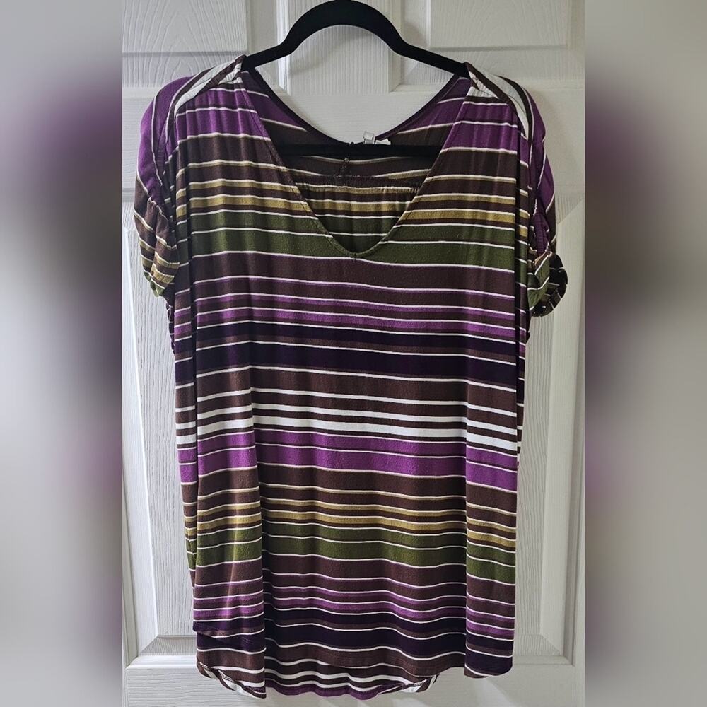 Women's XL Jewel Tone Striped Top Boho Eclectic Lagenlook Maxmalist Artsy Earthy
